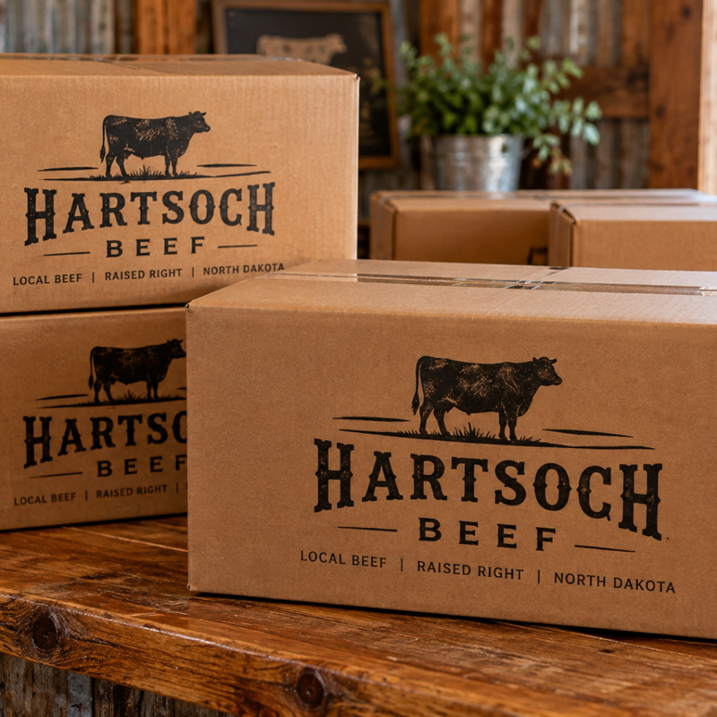 Three brown cardboard boxes printed with the Hartsoch Beef logo and cow illustration, stacked on a rustic wooden table in a warm indoor setting.