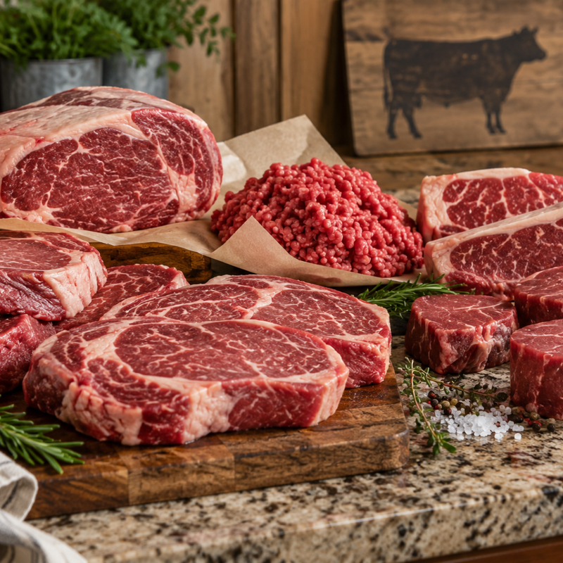 Raw beef cuts and ground meat arranged on a granite countertop with a wooden cutting board, rosemary, coarse salt, and a rustic wooden sign in the background.